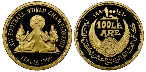 EGYPT , GOLD 100 POUNDS 14TH WORLD FOOTBALL 1990 - NGC PF 69 UC TOP POP , RARE14