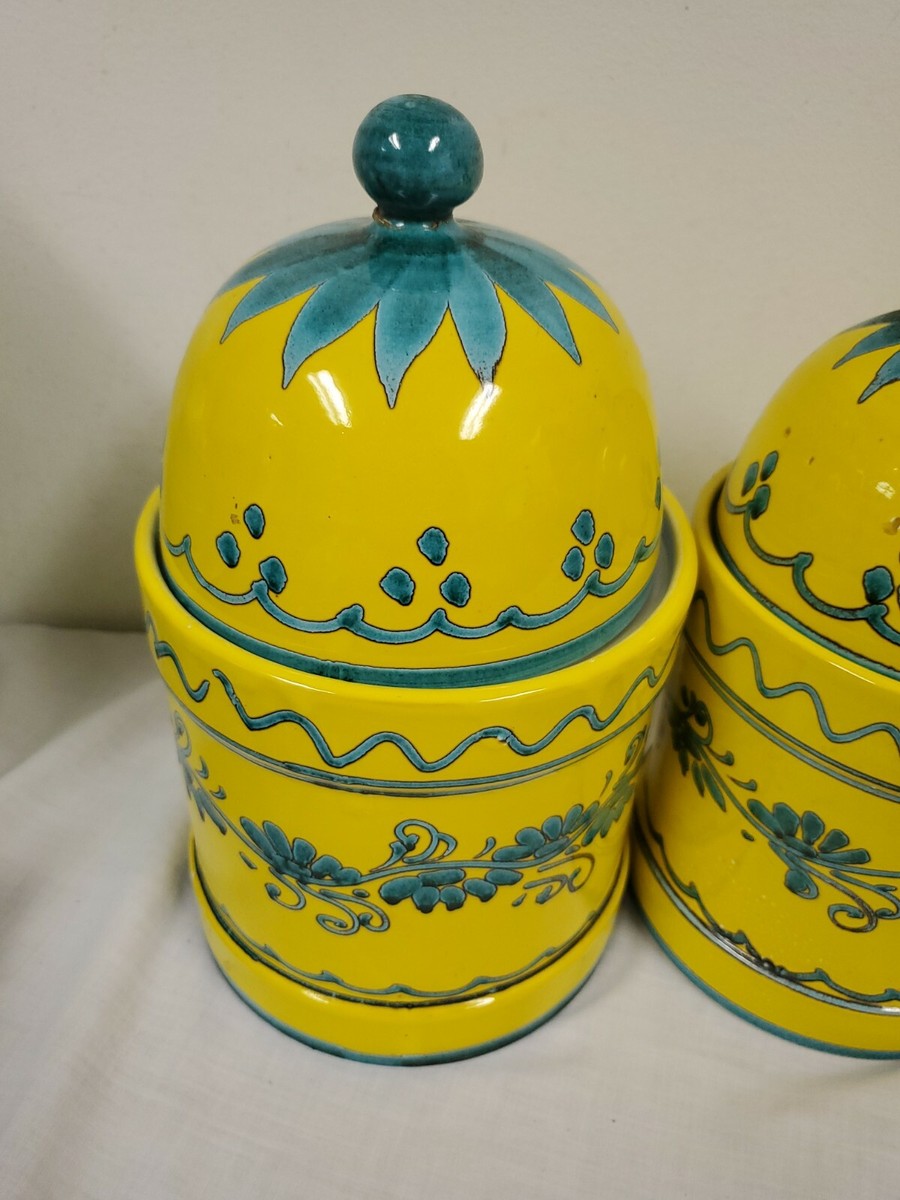 VINTAGE CERAMIC JAY WILLFRED OF NEW YORK CANISTERS (4) YELLOW TEAL