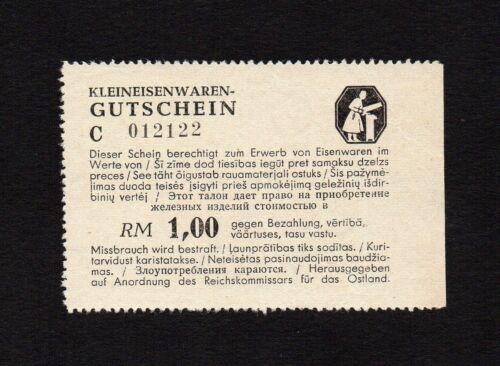 1,00 RM 1943 Germany OSTLAND Occupation WWII Small hardware VOUCHER,  RARE ! - Afbeelding 1 van 2