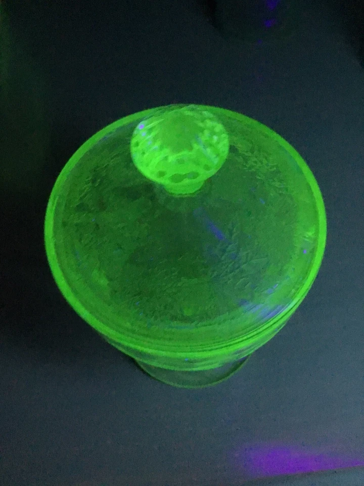 Green Depression Glass Candy Jar Poinsettia Floral w Lid Jeanette 1930s! Glows! - Image 3 of 4