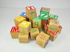 Vintage Wooden Alphabet ABC Learning Blocks Lot of 25 Large 1-3/4" Wood Cubes