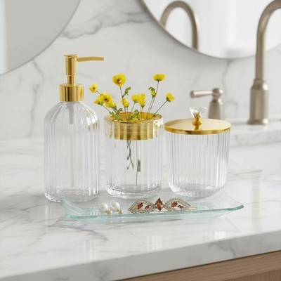 Versatile 4-Piece Clear Glass Bathroom Set with Gold Accents   Perfect Gift Idea
