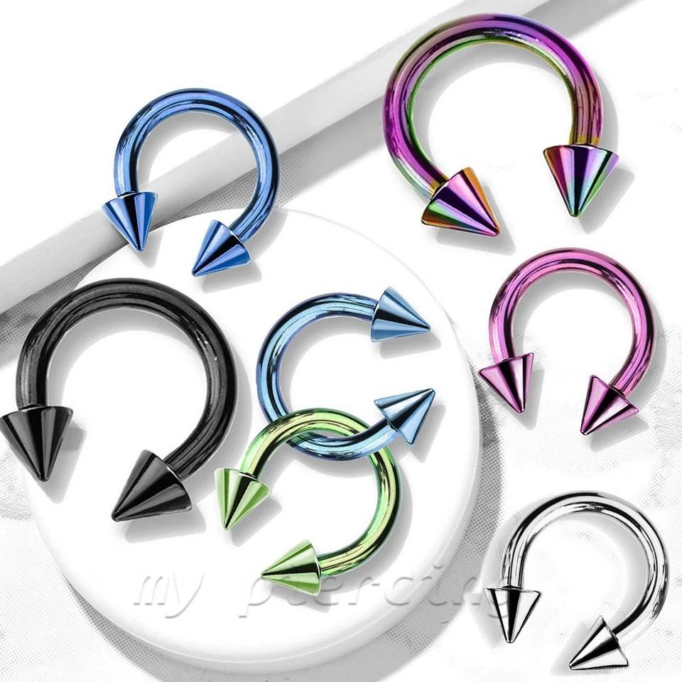 PAIR Anodized Spiked Horseshoe Circular Barbell Earrings Labret 18g 16g 14g 12g  - Image 2 of 4