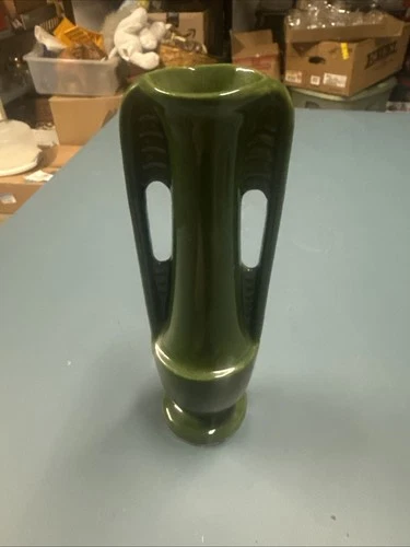 Vtg  Shawnee Pottery Art Deco Double Handle  8" Bud Vase Pistachio