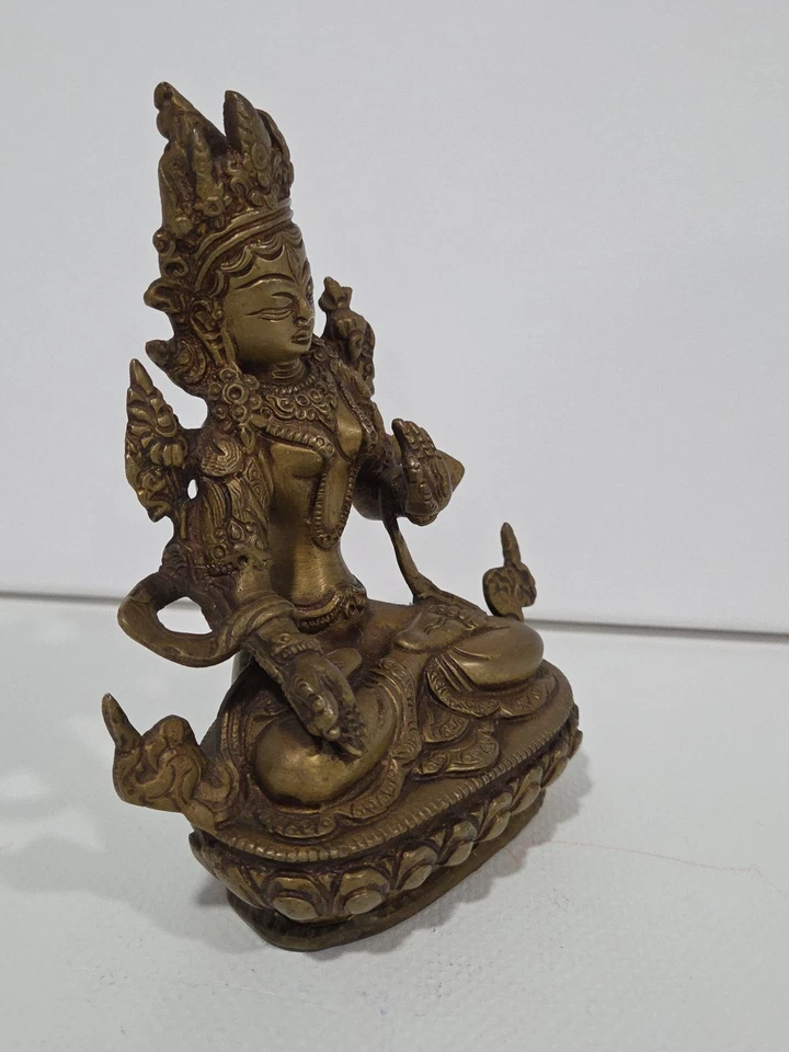 Antiguo Tíbet Bronce Dorado Verde Tara Mahayana Budismo Iluminación Diosa Estatua Foto 3 de 4