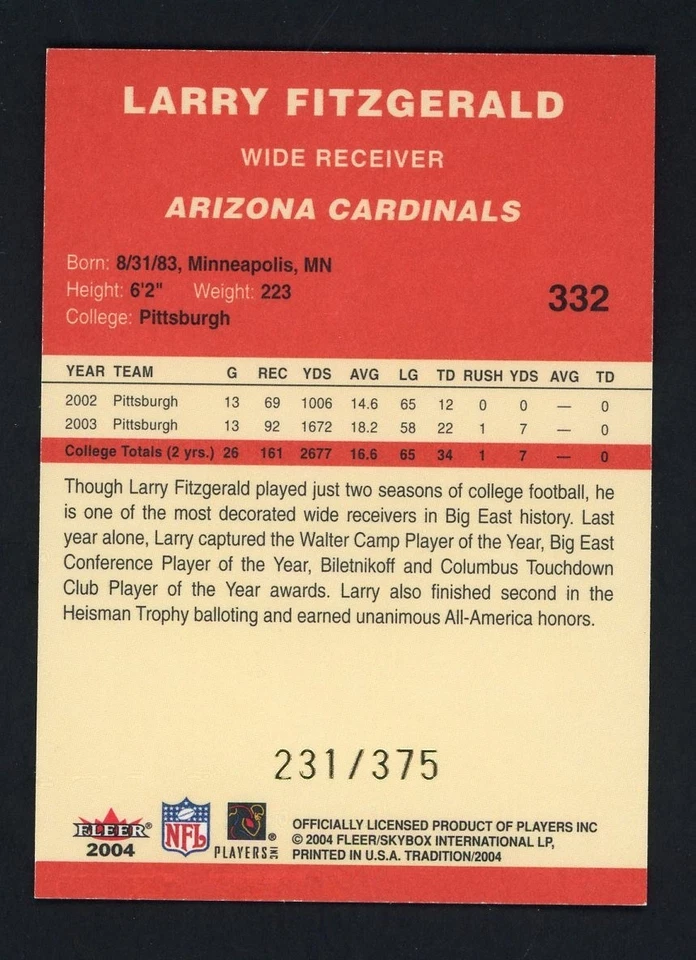 2004 Fleer Tradition Draft Larry Fitzgerald 231/375 Cardinals RC Rookie - Image 2 of 2