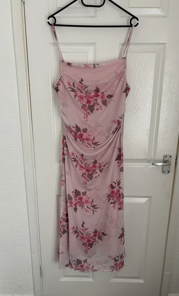 Women's Pink Floral Satin Slip Dress Midi Strappy Scoop Neck Polyester Lrg - Image 1 of 4