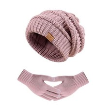 Women's Beanie Hat Gloves Set, Fleece Lined Winter Hat with Touchscreen Pink