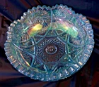 Lovely Vintage Ice Blue Carnival Glass Bowl Marked LC Comet in Stars? Pinwheels