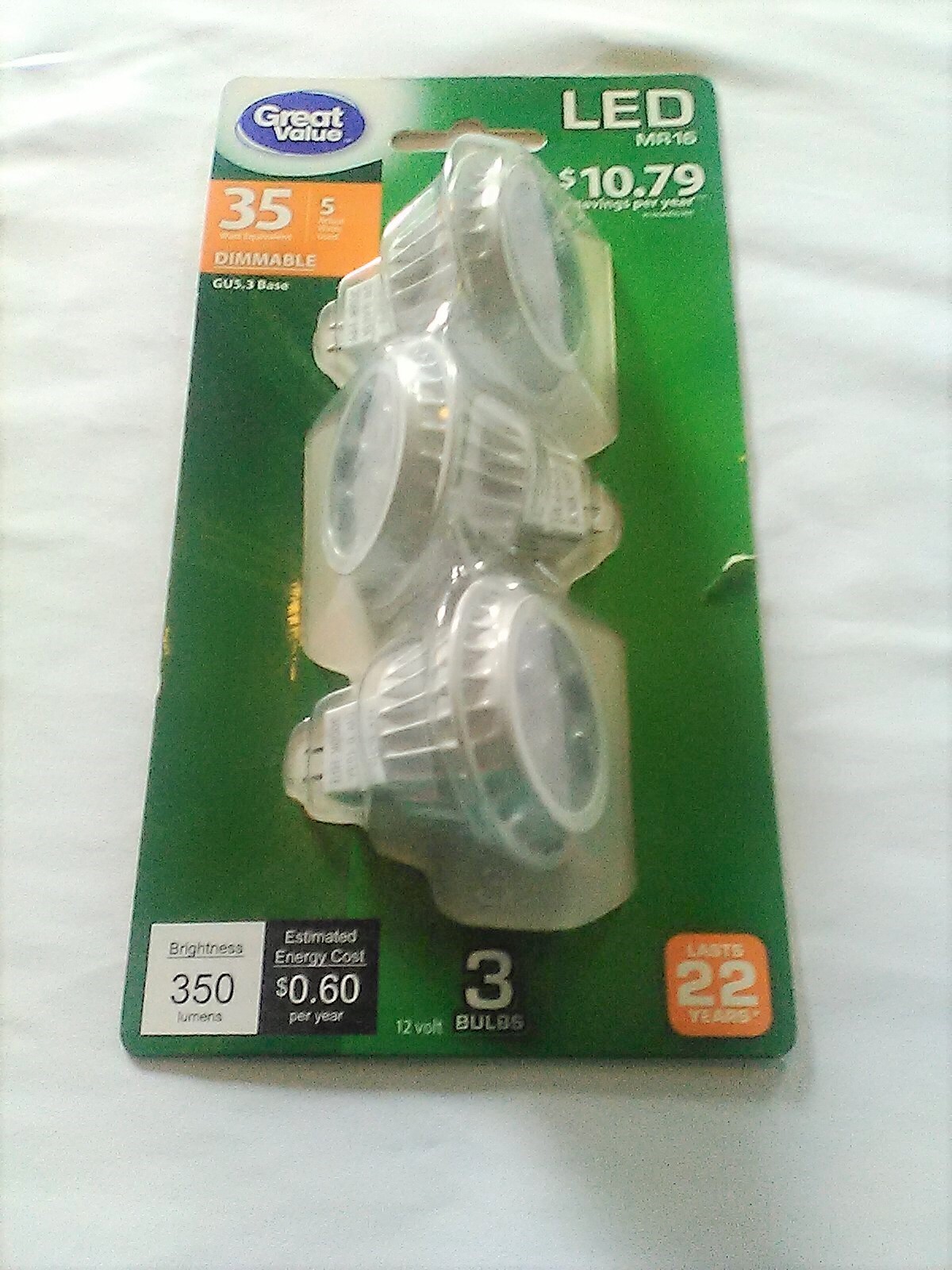 Great Value MR16 Dimmable LED w/GU5.3 base 5 acual watts/35 watt equiv. 3pk-NEW