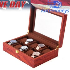 10-Slot Watch Box Glass Top Vintage Display Jewelry Storage Organizer Case Wood