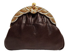 Another Y S Original Embossed Brown Leather Deco Sequin Clutch Shoulder Bag
