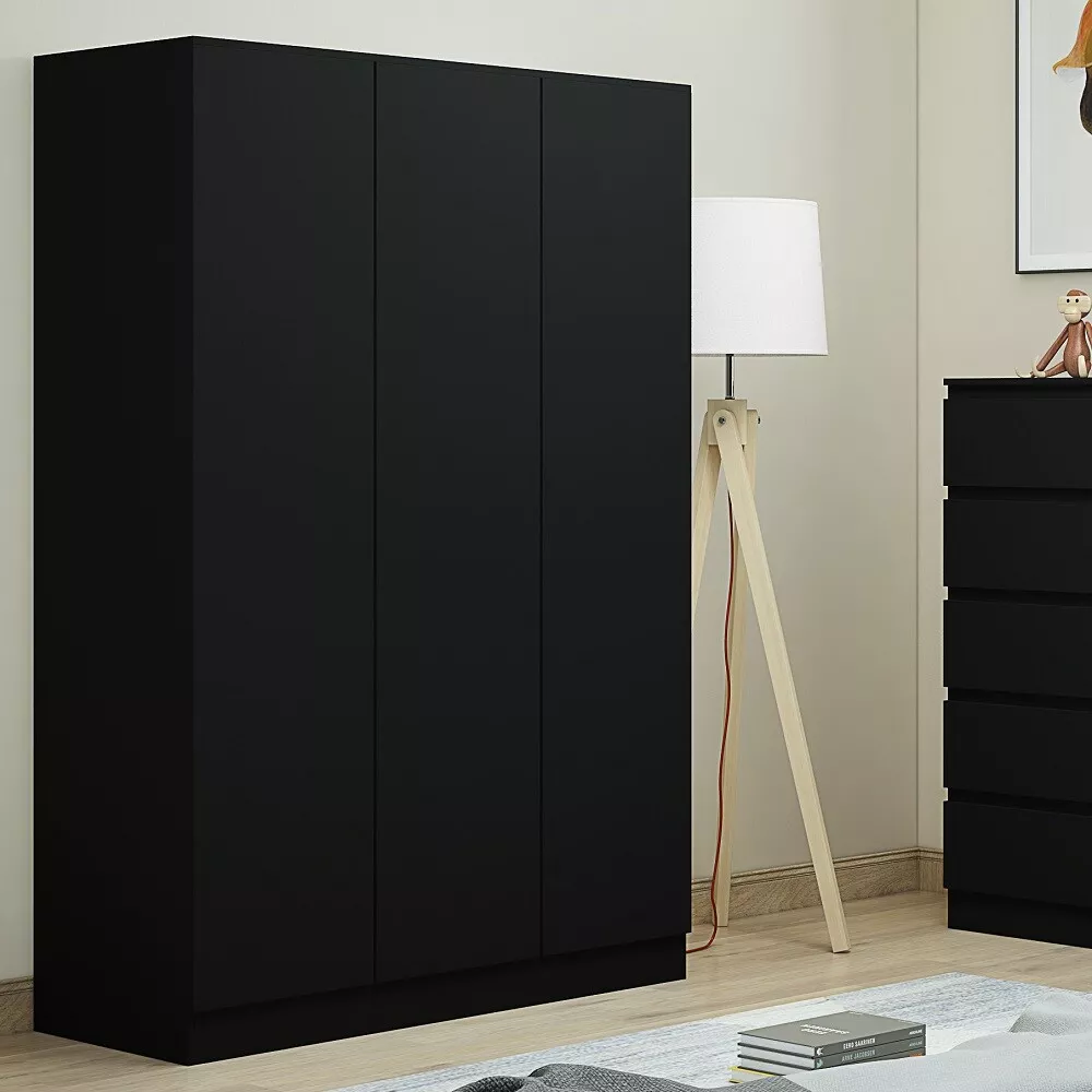 Matt Black 3 Door Large Tall Wardrobe No Handle Design 5 Shelves Hanging Rail