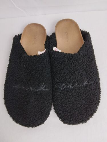 Victoria’s Secret Pink Slippers Slides Black Fluffy Womens Size 7-8 Medium  - Picture 1 of 6