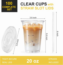  100 Sets - 20Oz Clear Plastic Cups with Lids and Straws, Disposable Cups fo...