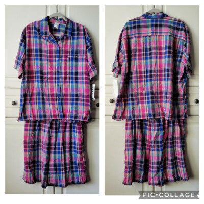 Nwt Vtg Jantzen Classic 2pc Set Plaid Short Sleeve Button Top Shorts Women's XL