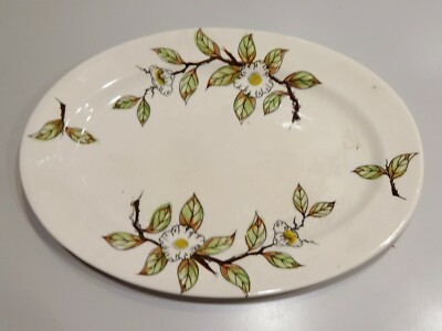 Vtg HADSON CHINA FLORAL PLATTER Oval Hand Painted Japan Ivory Daisy Serving 13''