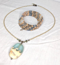 Artisan Beach Sea Glass Pendant Wave Necklace Crystals Blue Unique Jewelry