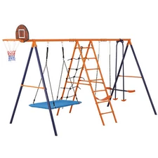 6in1 Multifunction Heavy-Duty Outside Swing Sets for Backyard w/Climbing Ladder