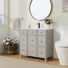 36-Inch Grey Bathroom Vanity with Flip-Up Drawers and Multiple Storage Drawers