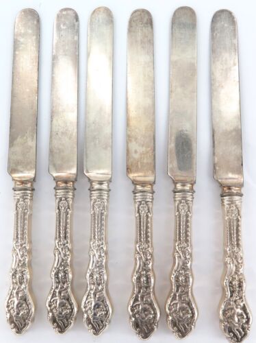 .COPYRIGHTED 1888 SUPERB MATCHING SET 6 GORHAM STERLING SILVER HANDLE KNIVES - Foto 1 di 9