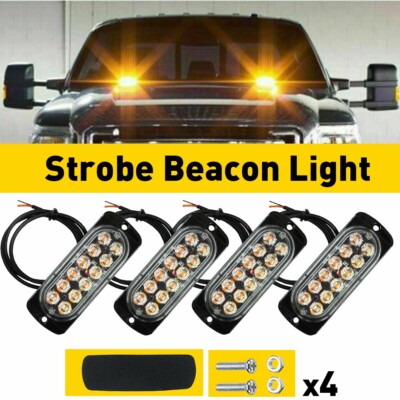 4PCS 12LED Amber Truck Car Flashing Hazard Warning Beacon Flash Strobe Bar Light