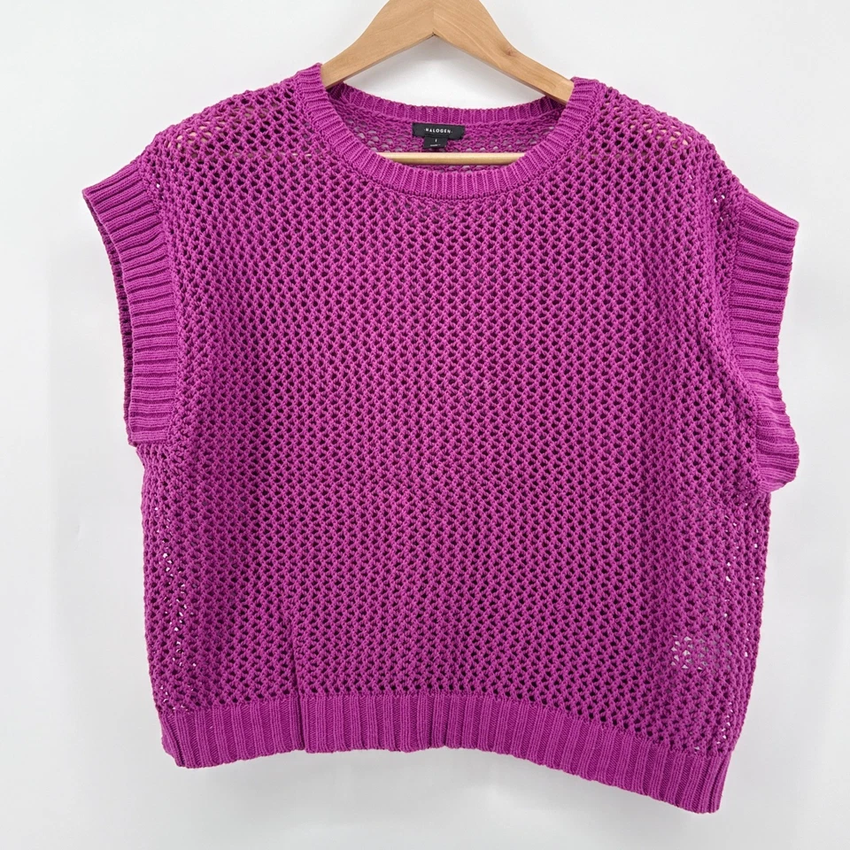 Chaleco Suéter Halógeno Punto Abierto Algodón Talla Grande Magenta Cuello Redondo Foto 2 de 4