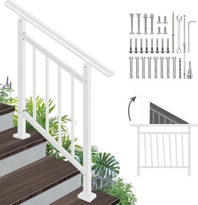Adjustable 3 Step White Metal Outdoor Stair Handrail with Installation Kit