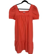 The Get Women Coral Orange Cotton Puff Sleeve Square Neck Ruffle Midi Dress-S