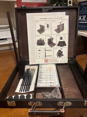 Falling In Art Paint Set Wood Easel Box 12 Colors Acrylics 6 Brushes 2 Canvas
