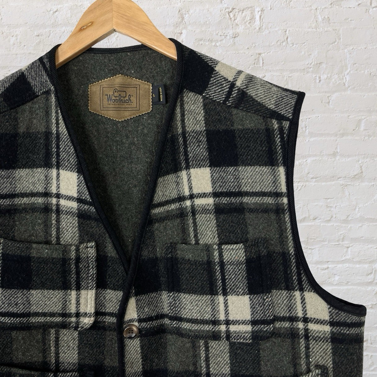 Vintage 90s Woolrich Utility Vest Full Zip Wool Green Plaid USA