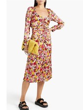 NWT GANNI Ruched floral print silk satin midi dress 40 L 8/10 Retail $645