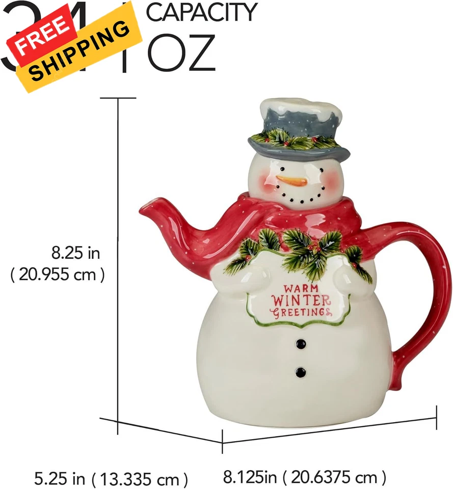Праздничный чайник Snowman Greetings 3-D — налить 8,25 x 5,25 x 8,125 дюйма, красный - Изображение 3 из 3