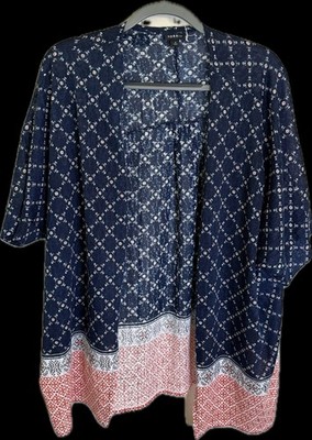 Torrid Women's Open Front Geometric Kimono Navy White Red Short Sleeve Size 2