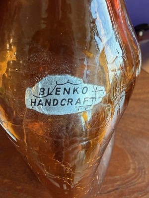 Vintage Blenko #49 Amber Crackle Pinch Decanter & Stopper Winslow Anderson Foil