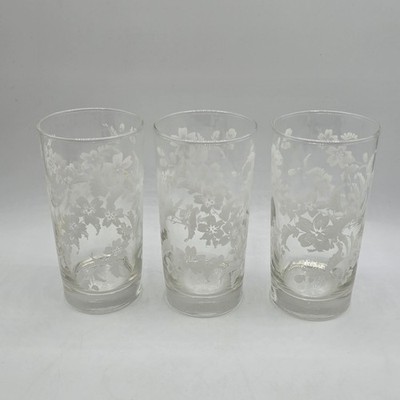 Lot Of 3 Libby White Flower Design Drinking Glasses Tumbler Set