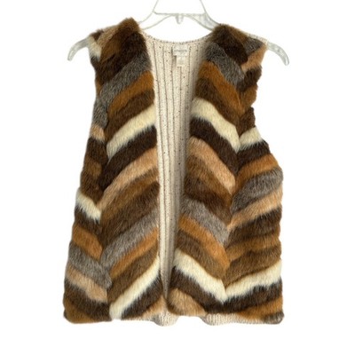 Chico s Womens Size 1 Roxie Mixed Faux Fur Open Front Vest Brown Chevron Pattern