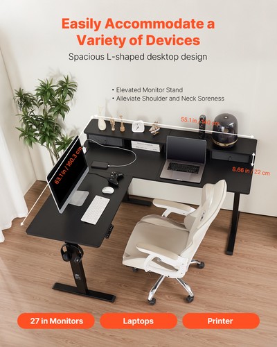 VEVOR L Shaped Desk Electric Adjustable Height Corner Gaming Desk w/ Light Strip - Picture 3 of 12