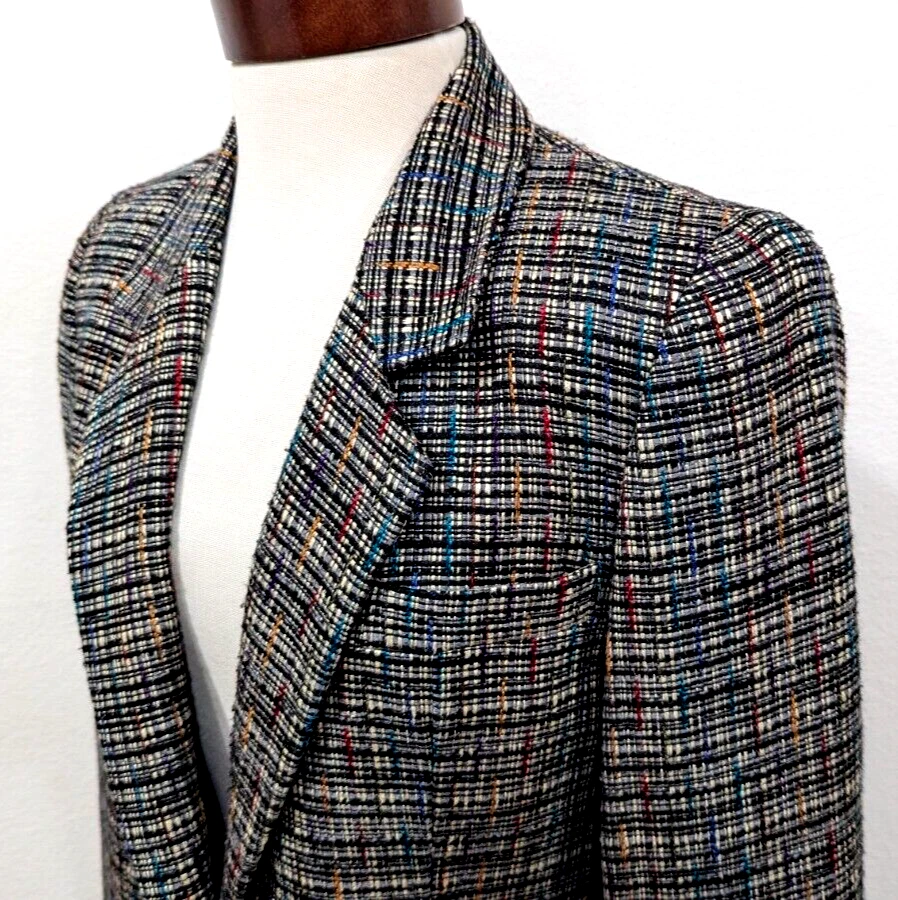 Blazer de tweed para mujer NORM THOMPSON de colección con seda y lino multi EE. UU. talla 6 ¡EXCELENTE ESTADO! * Foto 2 de 4