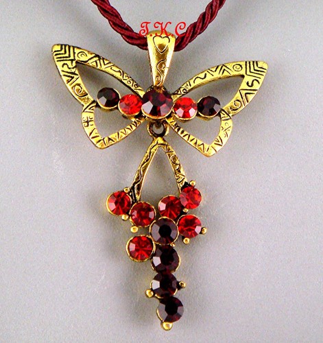 Deco Gold Engraved Relief Red Gems Heart Butterfly Pendant w/ Austrian Crystals - Picture 2 of 6