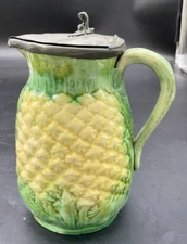 Majolica Pineapple Cream Pitcher with Pewter Lid