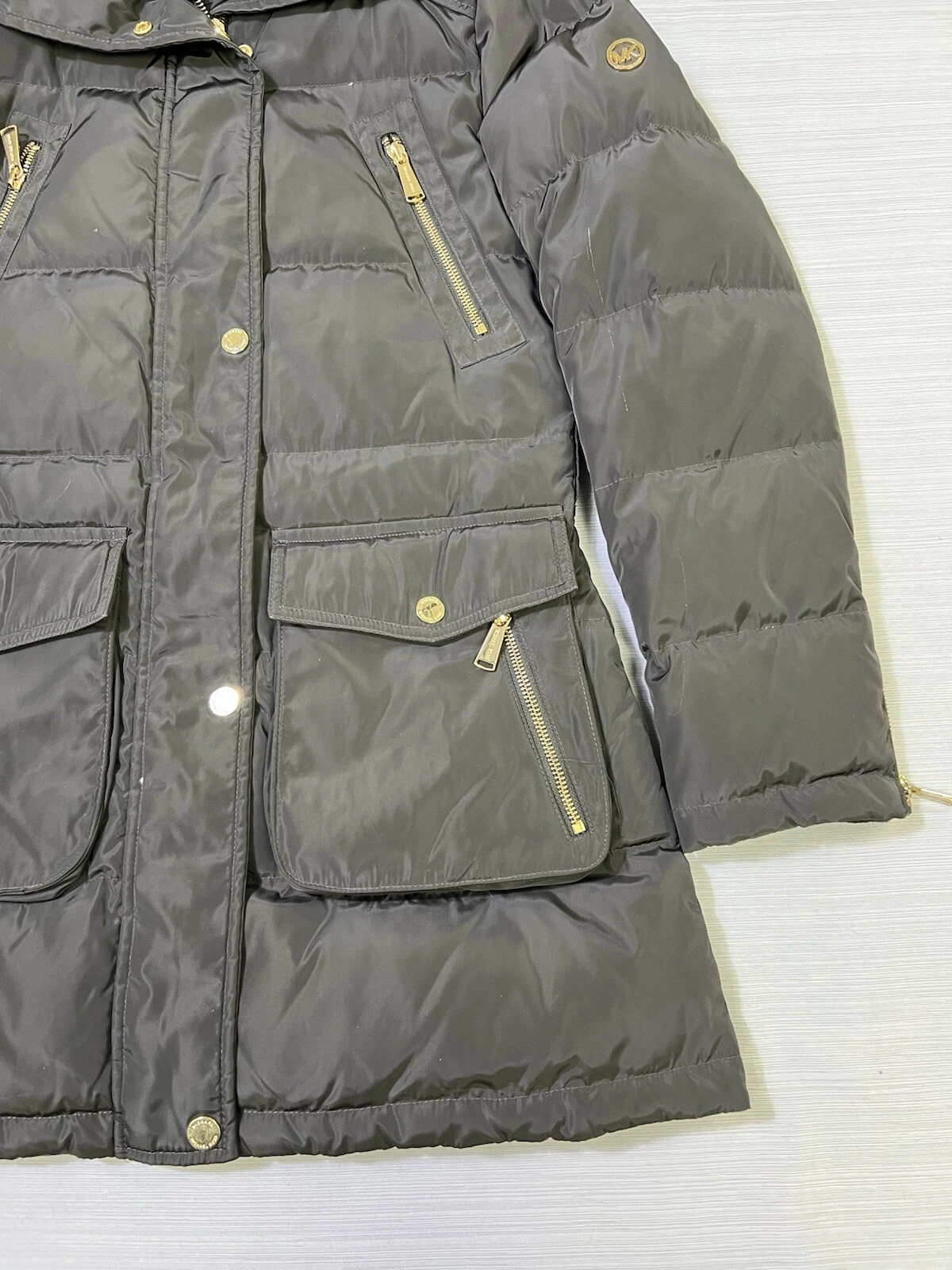 Parka donna Michael Kors piumino pelliccia sintetica cappuccio puffer trapuntato cappotto cintura taglia XS