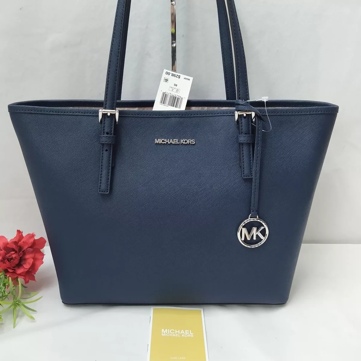 Michael Kors Jet Set Navy Blue Crossgrain Leather Carryall Tote Bag - NWT  $298