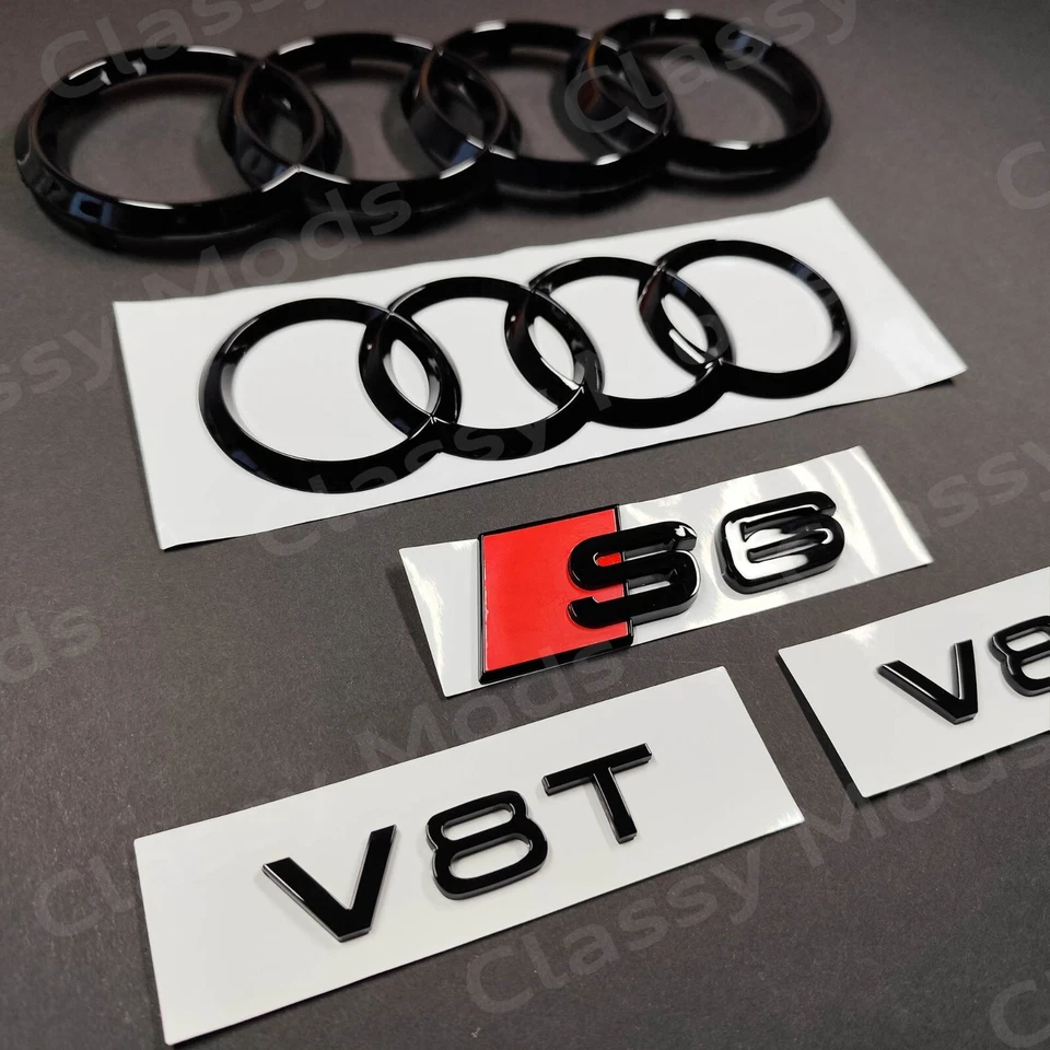 Audi S6 2012-2015 C7 Front & Rear Rings Emblem Badges SET Gloss Black V8T - Image 2 of 4