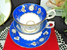 Antique 1800's Ridgway tea cup and saucer trio deep blue &  gold gilt teacup set