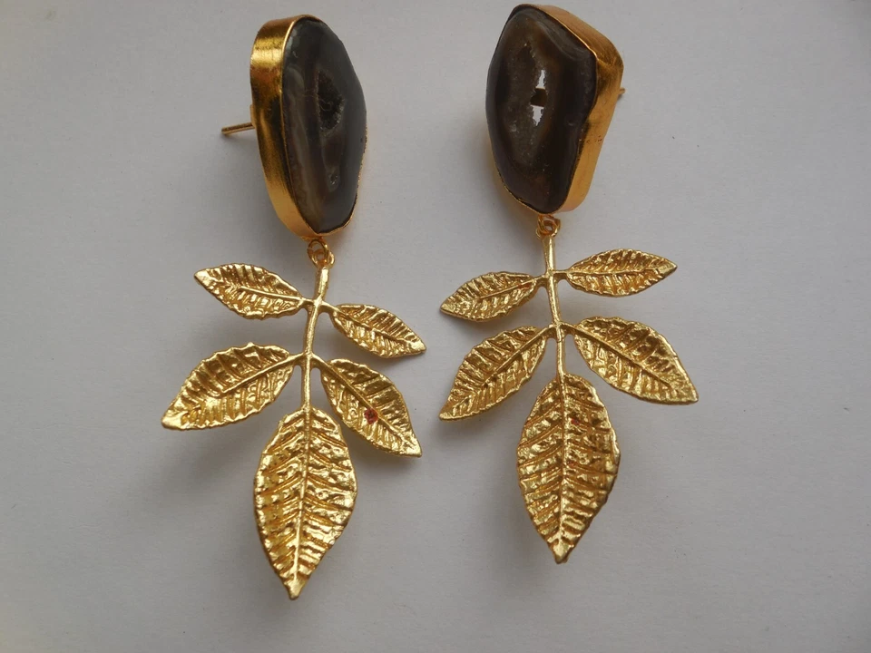 Pendientes de plumas Druzy rebanada tono dorado pendientes de piedras preciosas joyería de moda Foto 2 de 3