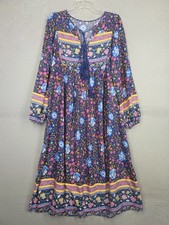 Blue Floral Print Prairie Dress Boho Midi M Medium Tassels Long Sleeve Maxi