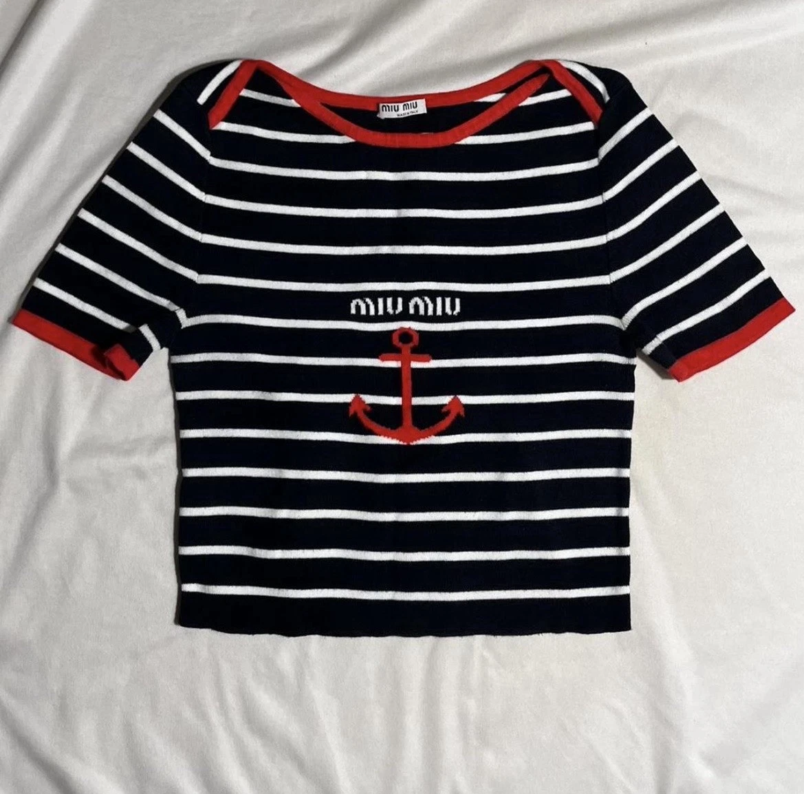 Miu Miu — Miu Miu Short Sleeve Knit Top Size 38 Anchor Detail 100% Cotton