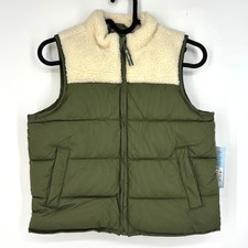 Cat Jack Boys Small 6 7 Zip Front Puffer Vest Olive Green Faux Sherpa Trim