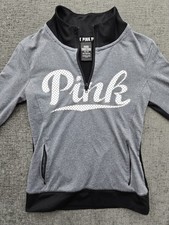 Victorias Secret PINK Gray/Black Oversized Logo Front 1/4 Zip Sweatshirt XS